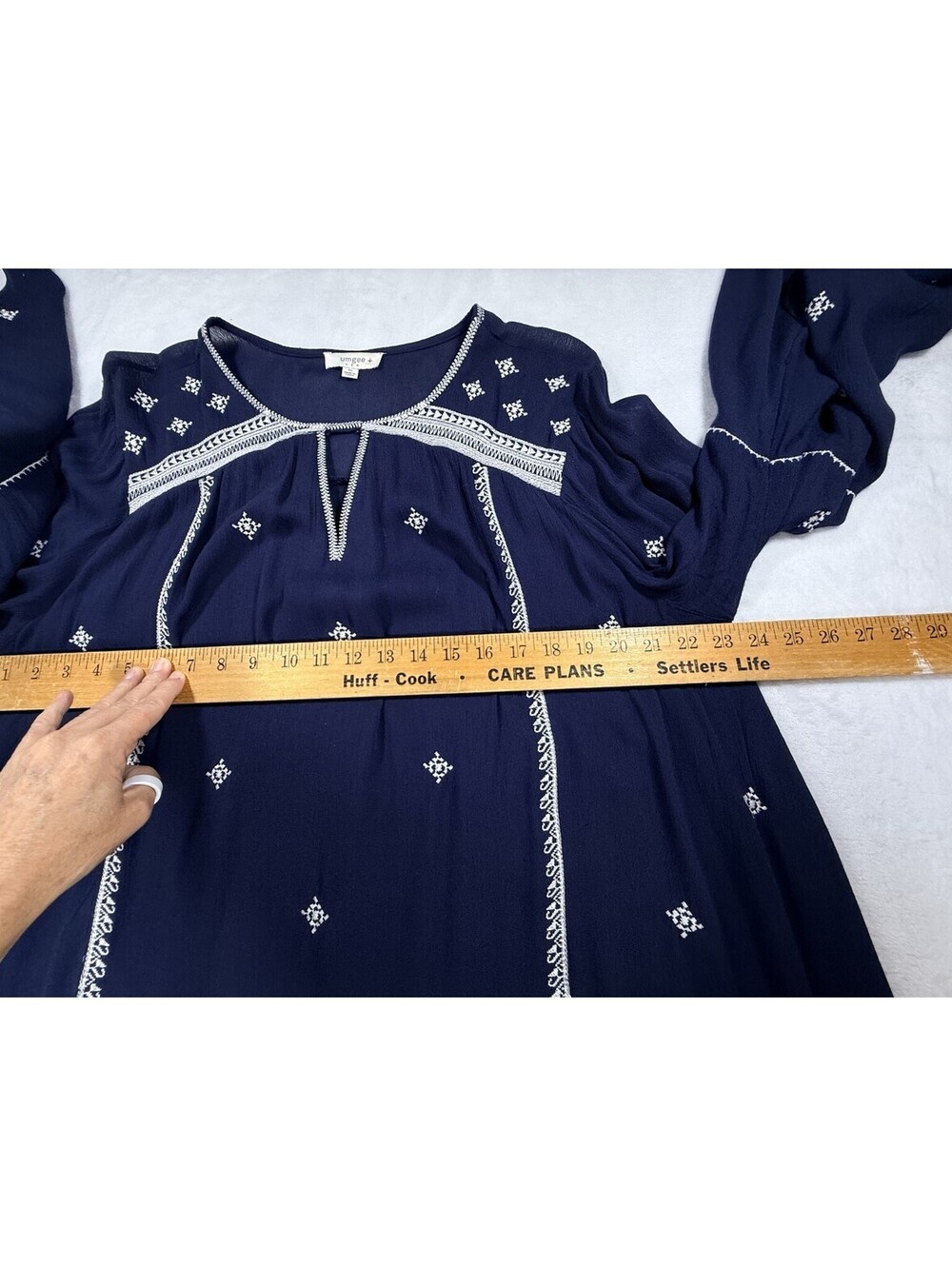 Umgee XL Navy Blue Embroidered Boho Tunic Bell Sleeve Peasant Blouse Cotton - Picture 10 of 12
